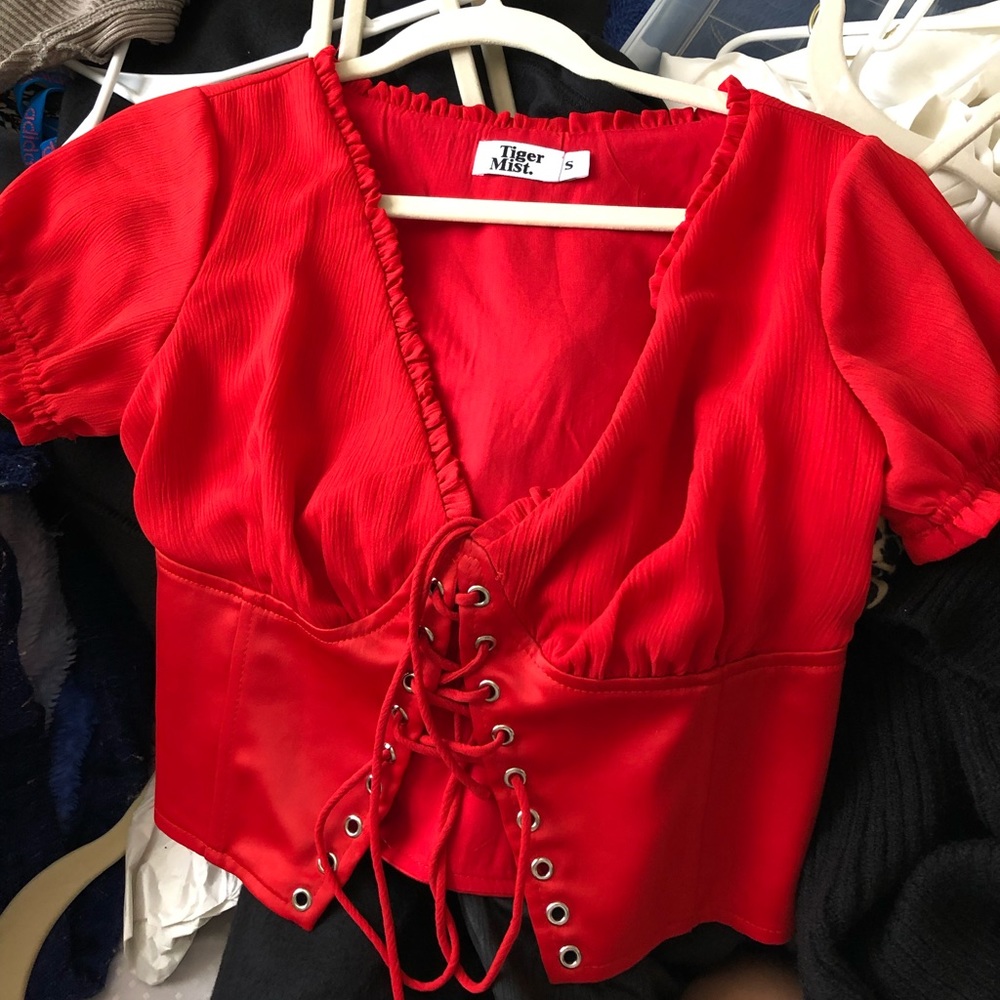 Red tiger mist front tie corset top